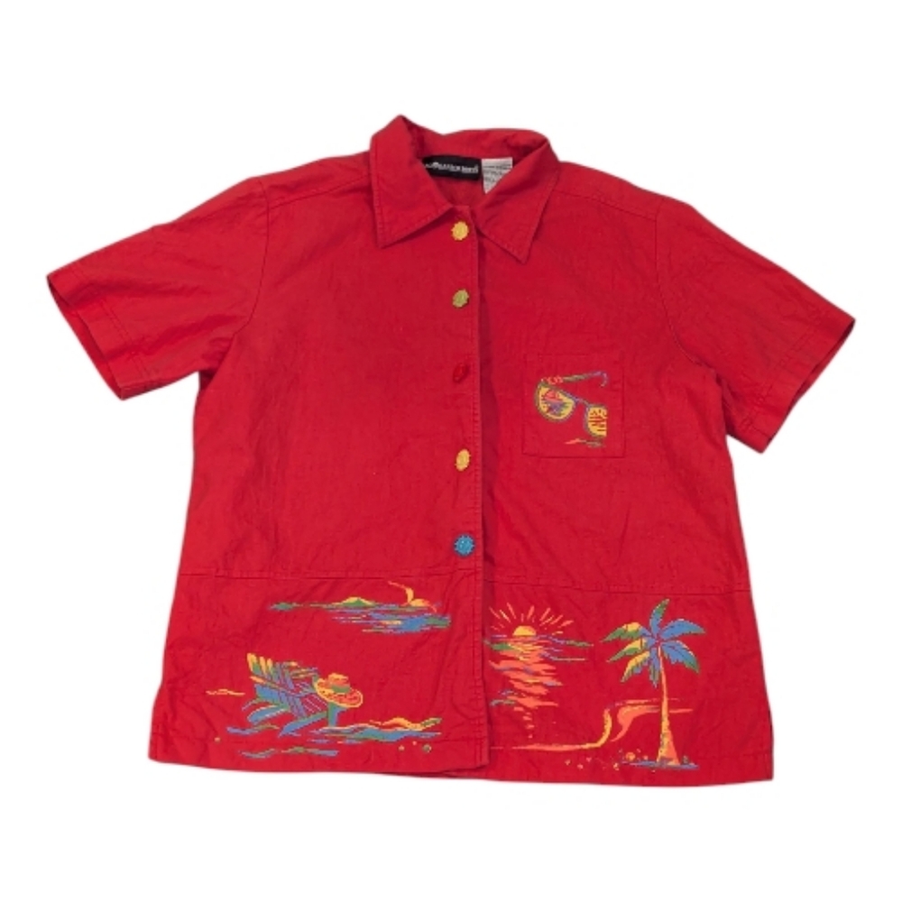 Vintage 90s Sag Harbor Dress Tropical Button-Up Coral Shirt - Sz 14
